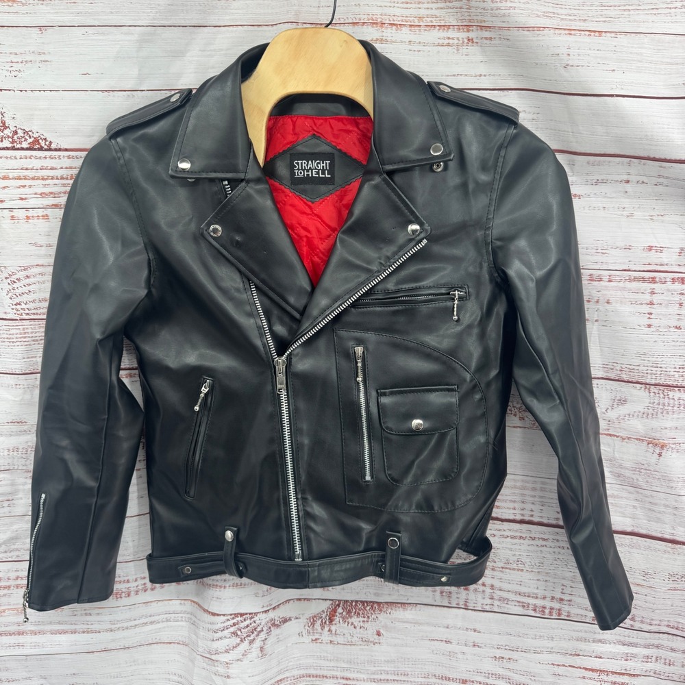 Straight to Hell‎ Moto Jacket Large Black Faux Leather Red Quilted Lined Belted